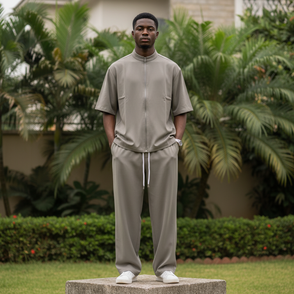 Nigerian male model wearing taupe grey short-sleeve zip utility shirt and drawstring trousers co-ord set, garden setting