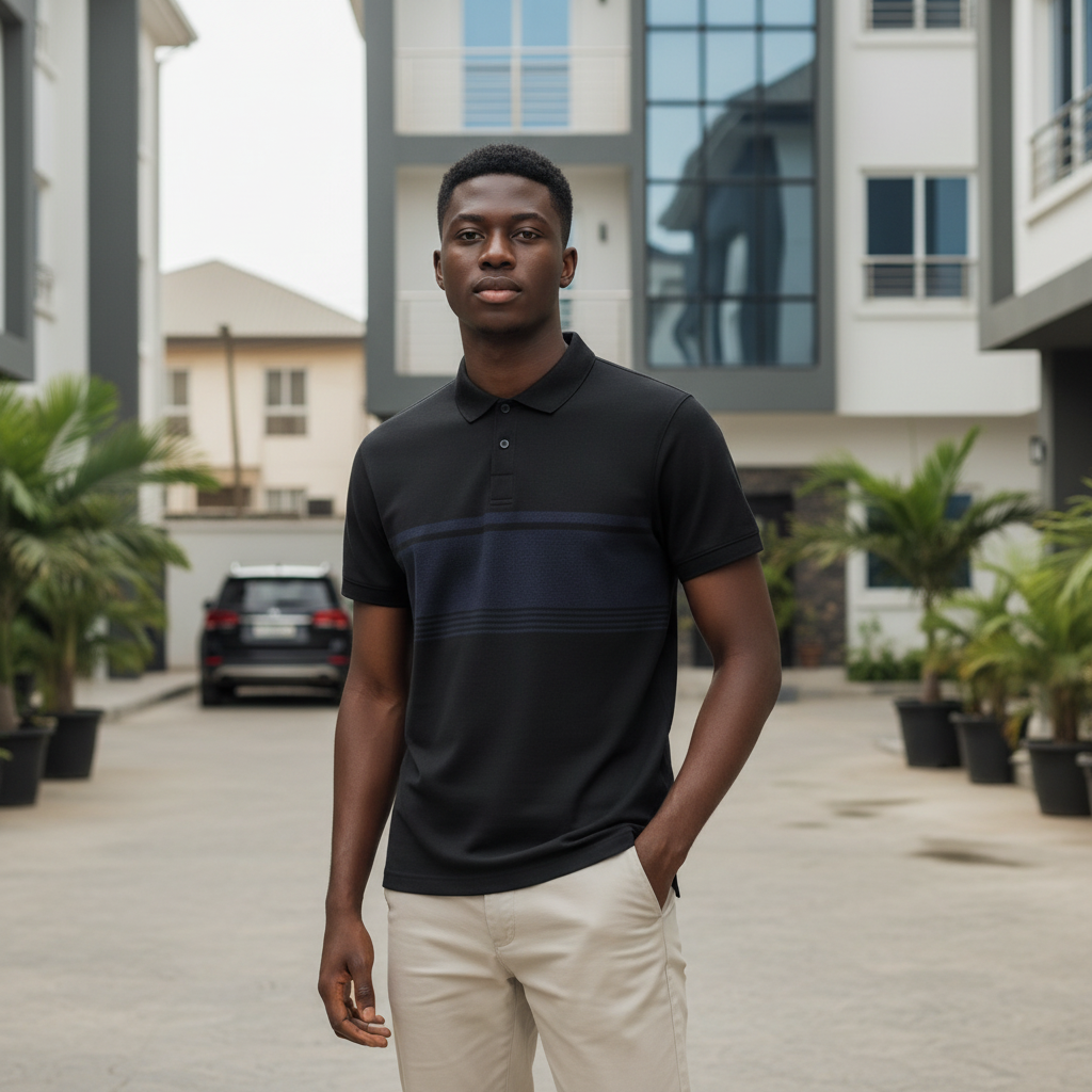 Young Nigerian male model wearing black panel polo shirt