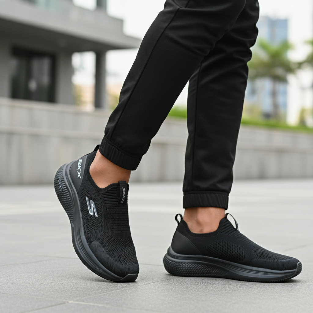 Triple Black SKX Flyknit Slip-On Sneaker - Model Shot