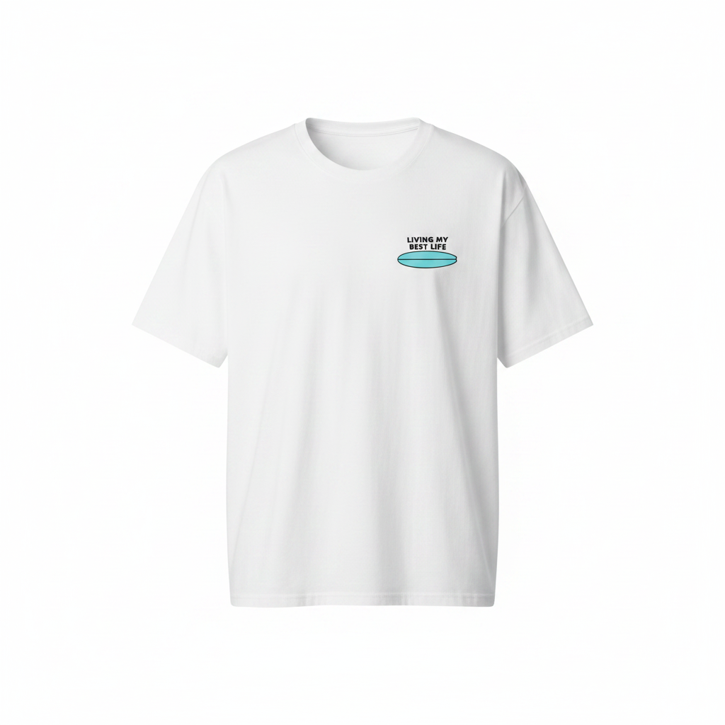 Unisex white Living My Best Life graphic tee – ghost mannequin front view