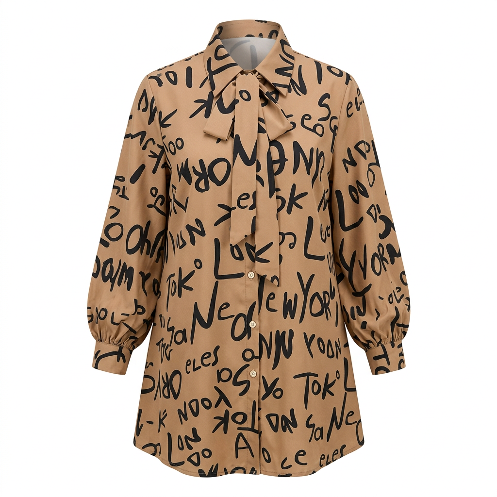 Beige black letter-print tie-neck longline shirt on an invisible mannequin