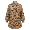 Beige black letter-print tie-neck longline shirt on an invisible mannequin