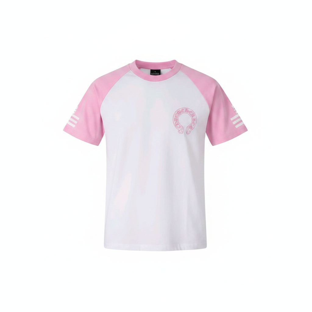 Men's white and pink raglan body-hug tee - ghost mannequin front view