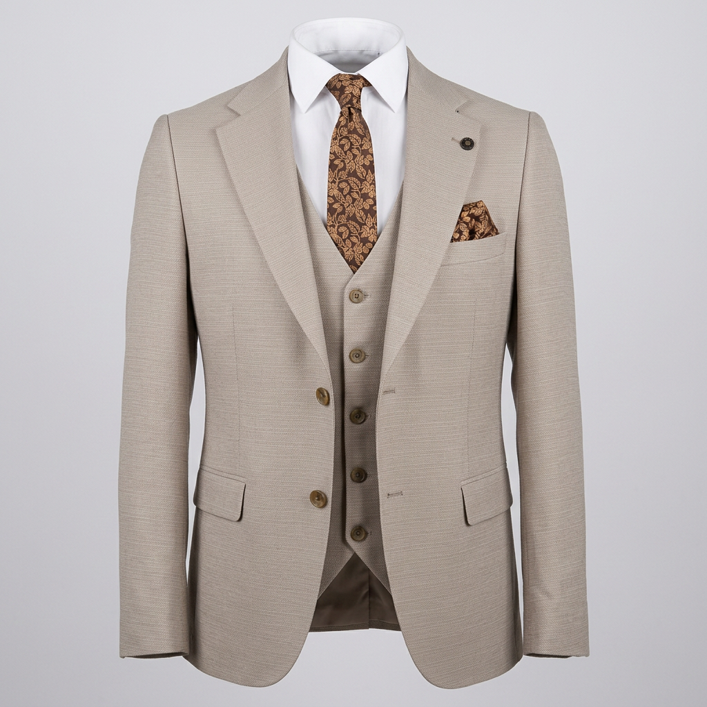 Light beige textured suit jacket and waistcoat in ghost mannequin styling