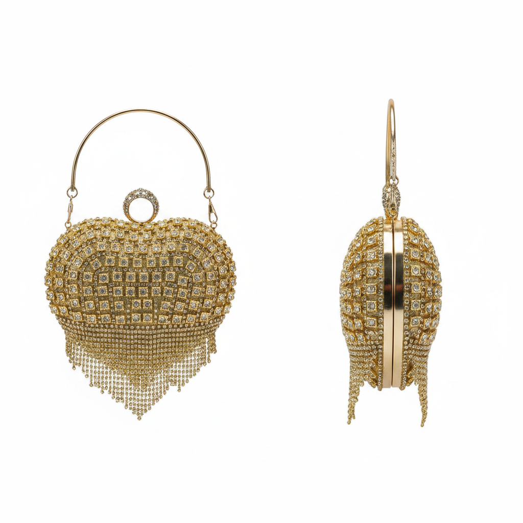 Crystal Heart Rhinestone Evening Clutch – Gold Ghost Mannequin Front and Side View