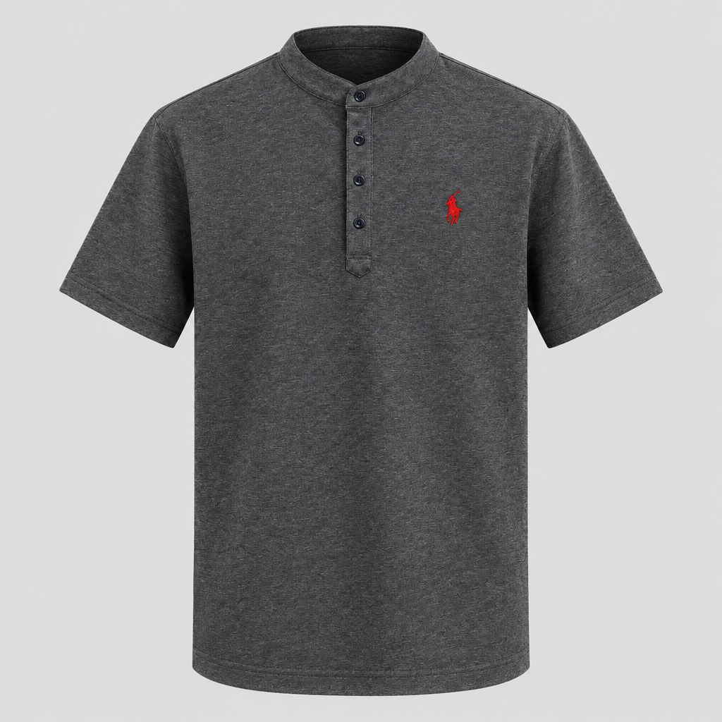 Charcoal grey stand-collar shirt with red chest detail, front view