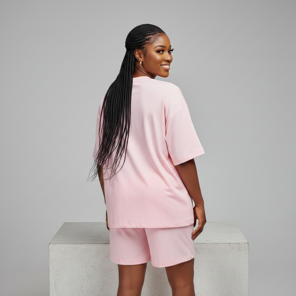 Nigerian female model back view - pink hat patch rhinestone top and shorts set