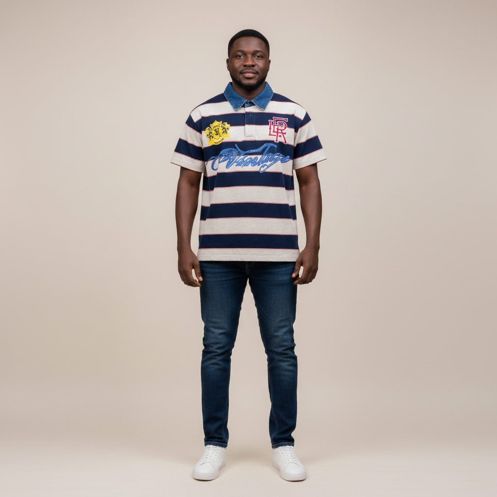 Model wearing the navy and cream striped rugby polo shirt with jeans