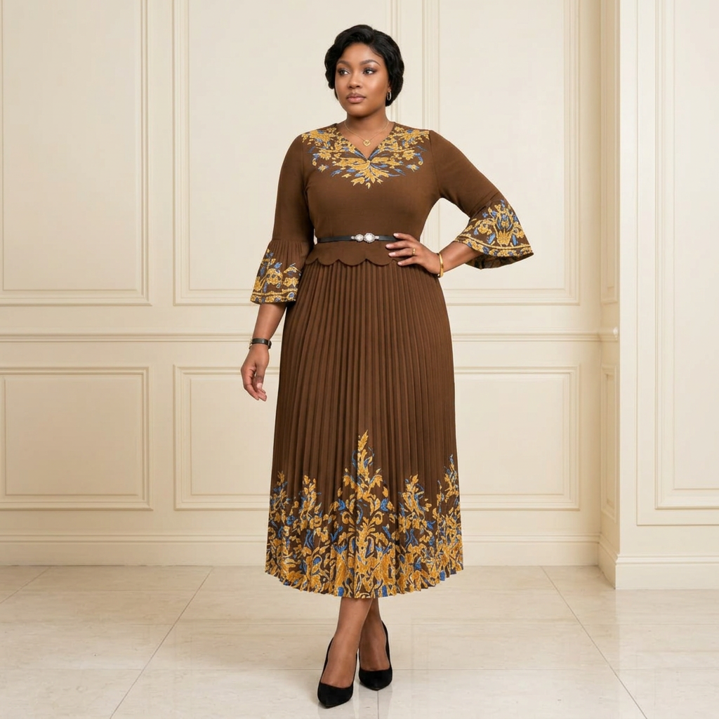 Model wearing brown botanical-border pleated dress