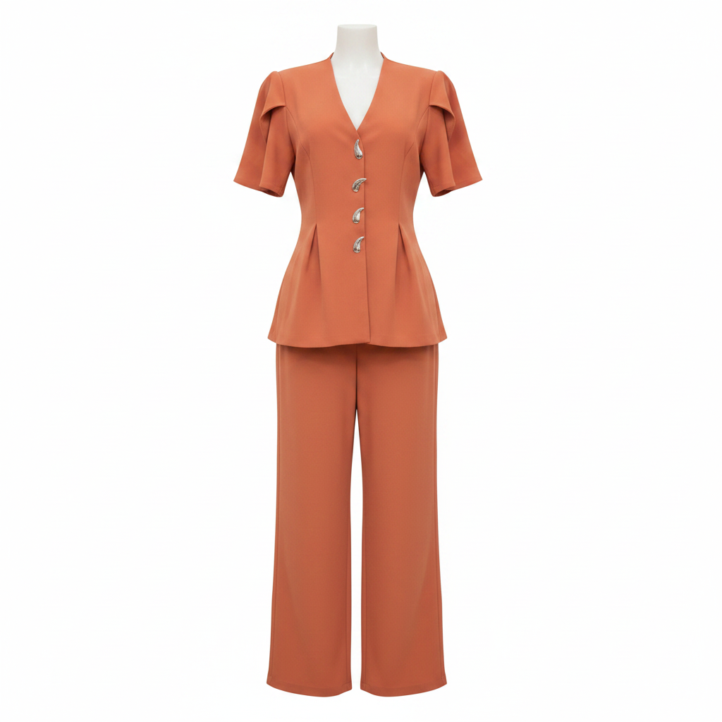 Women's terracotta flutter sleeve deep V silver button blazer top and wide-leg trouser suit - ghost mannequin front view
