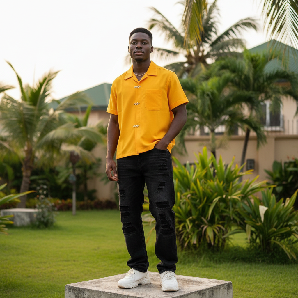 Nigerian male model wearing yellow camp collar hook-clasp shirt – full body lifestyle shot