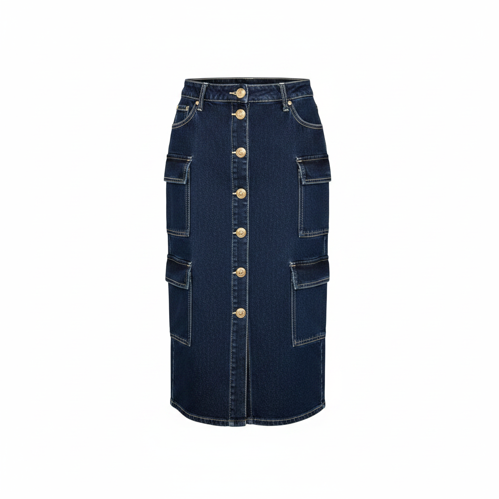 Ghost Mannequin – Button-Front Cargo Denim Midi Skirt