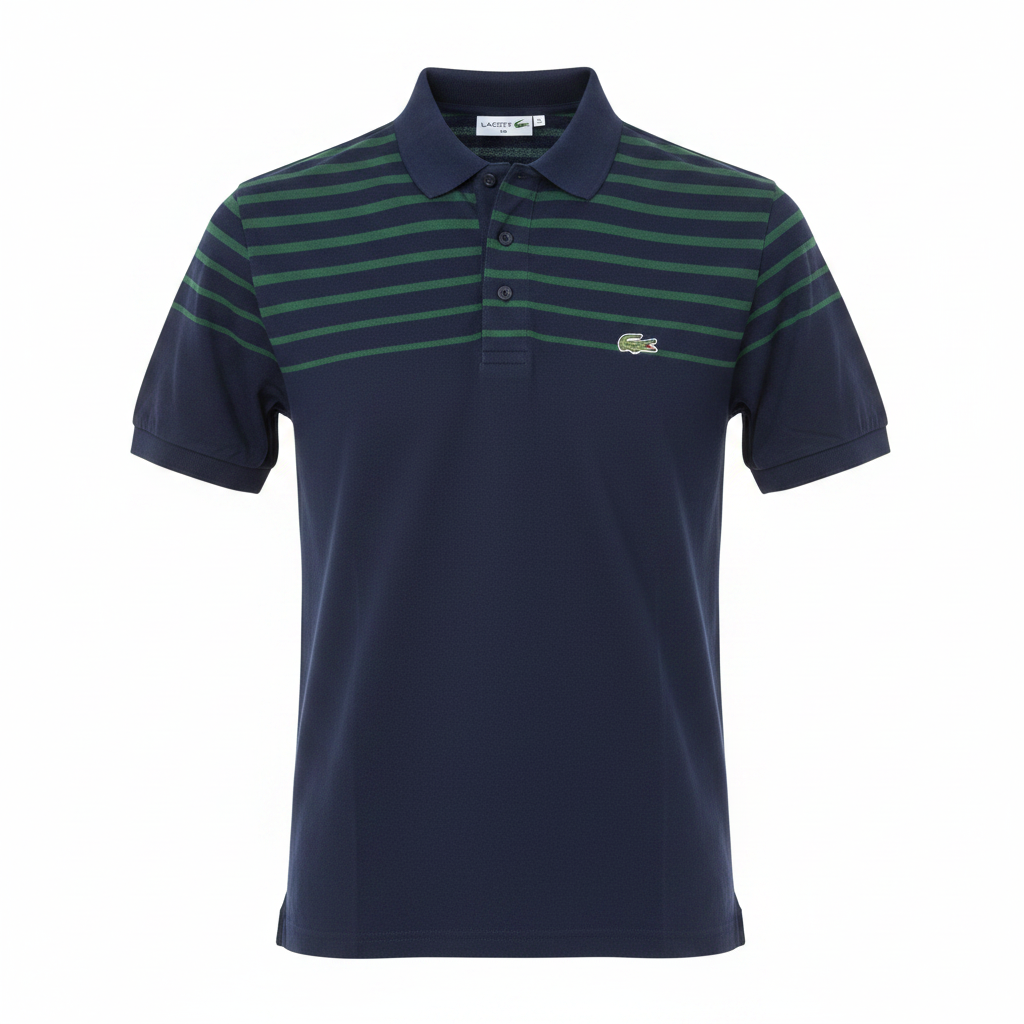 Navy blue polo shirt with dark green horizontal stripes across chest yoke ghost mannequin front view on white background