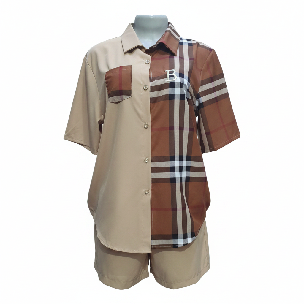 Beige Colorblock Plaid Shirt & Shorts Set - Ghost Mannequin Front