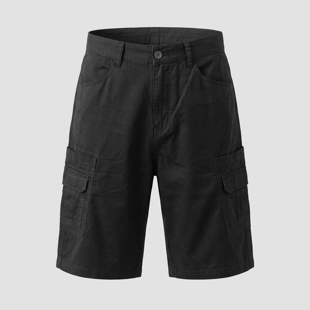 Black relaxed-fit flap-pocket cargo shorts, ghost mannequin front view