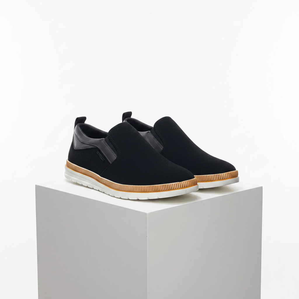 Men's navy black suede slip-on sneakers with tri-layer sole pair on white platform