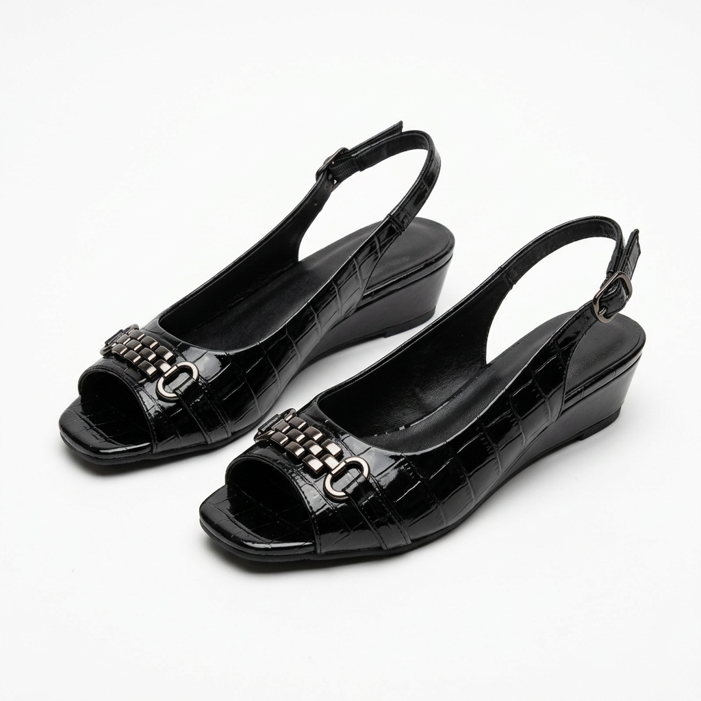 Black croc-effect chain-detail slingback wedge pair