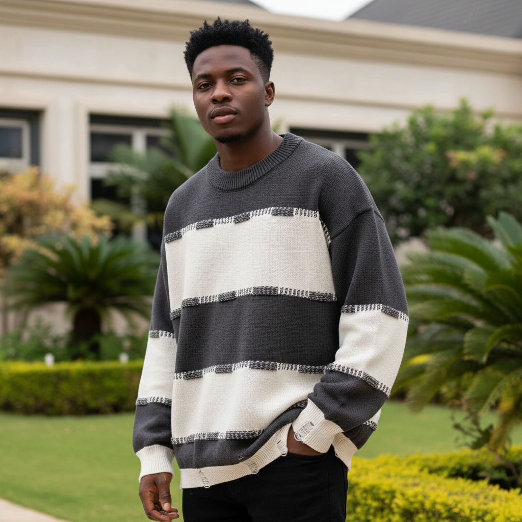 Nigerian male model wearing men's grey cream stripe distressed knit sweater