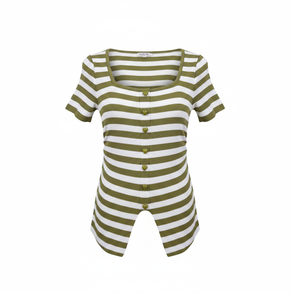 Olive Striped Ribbed Button Top - Ghost Mannequin Front