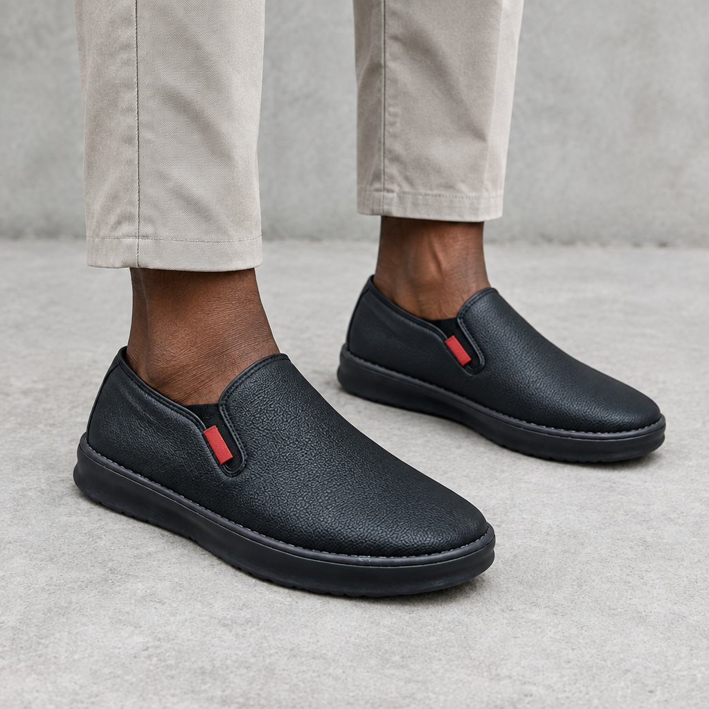 Black textured slip-on shoes worn on both feet