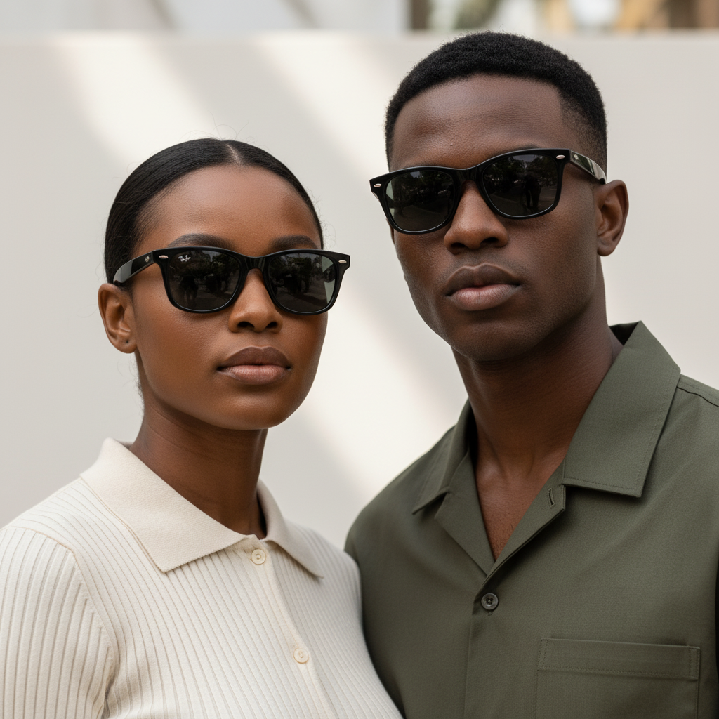 Nigerian female and male models wearing classic black wayfarer sunglasses with dark tinted lenses