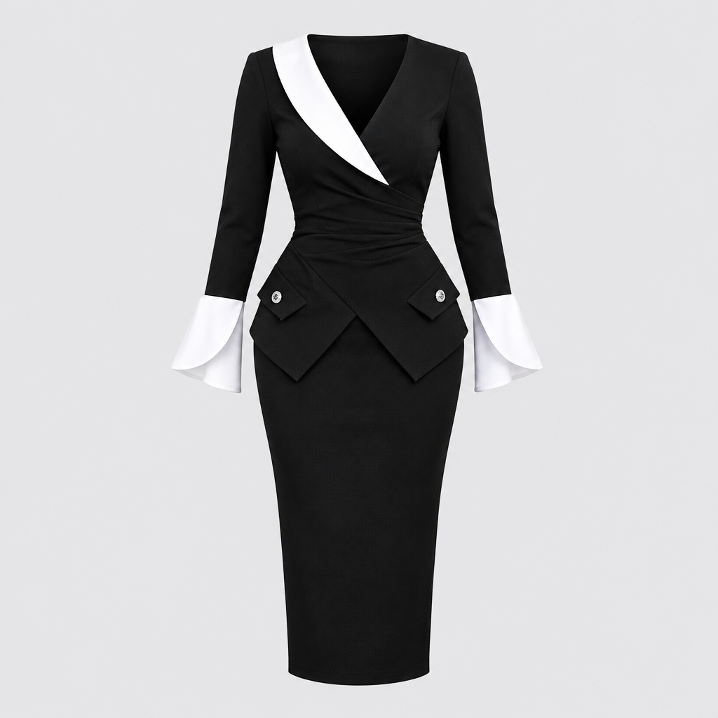 Black pencil midi dress with white lapel and flared cuffs