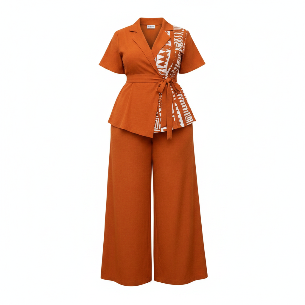 Women's printed-panel wrap top co-ord set in orange – ghost mannequin front view