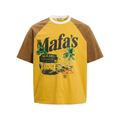 Yellow and brown graphic raglan crew-neck T-shirt on an invisible mannequin