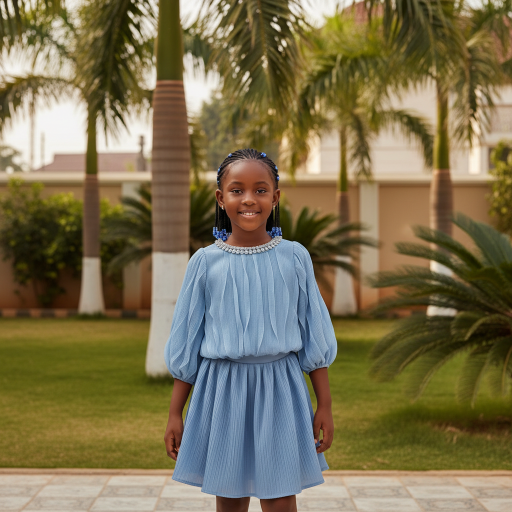 Girls Blue Pleated Puff Sleeve Top – African Model Front View