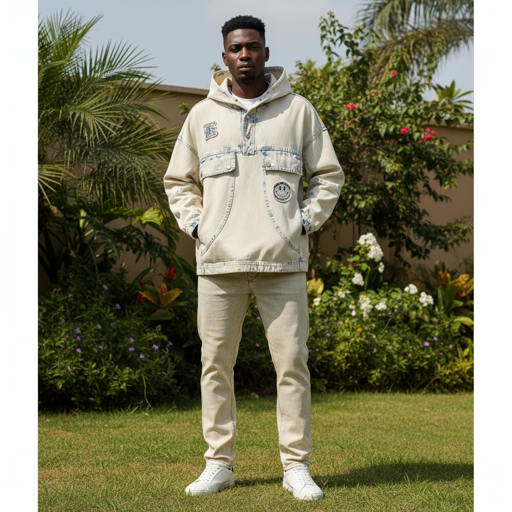 Acid wash denim hoodie front view on Nigerian male model