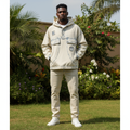 Acid wash denim hoodie front view on Nigerian male model