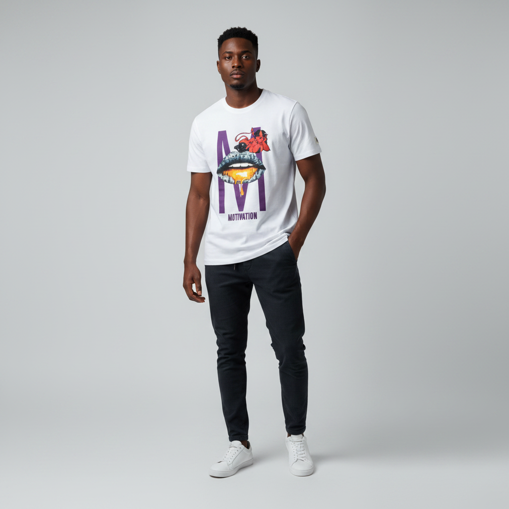 Nigerian male model wearing men's white Motivation graphic t-shirt streetwear print