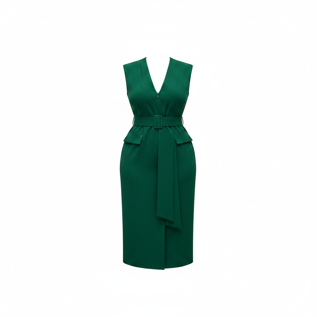 Women's green sleeveless belted midi dress – ghost mannequin view