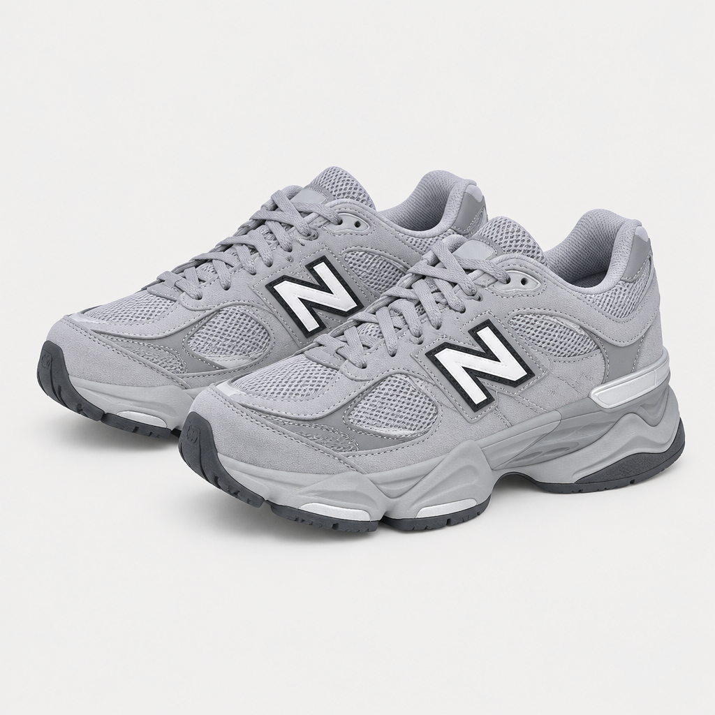 Pair of light gray mesh running sneakers with chunky soles