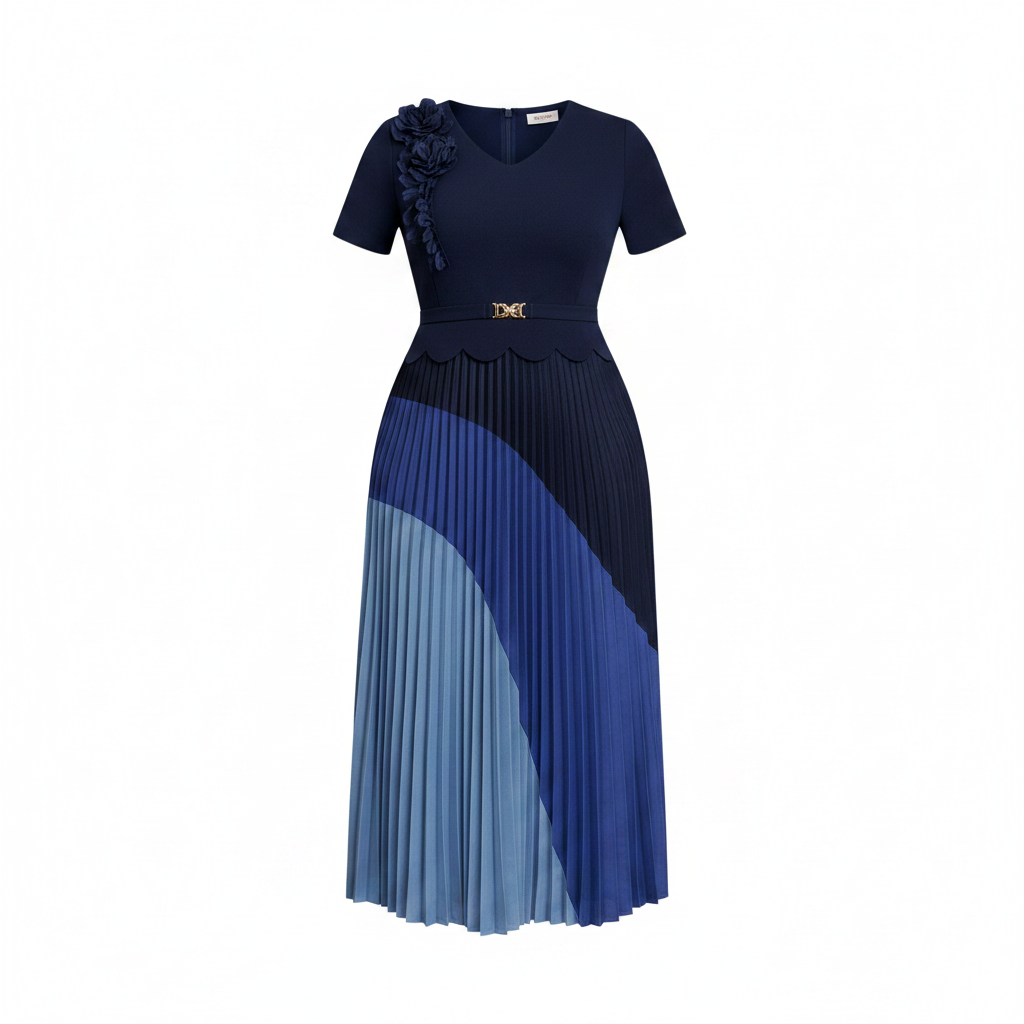 Women's navy and steel blue colour-block pleated midi gown ghost mannequin view on white background