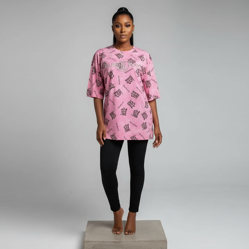Pink Monogram Print Rhinestone Longline Top - Model Front View