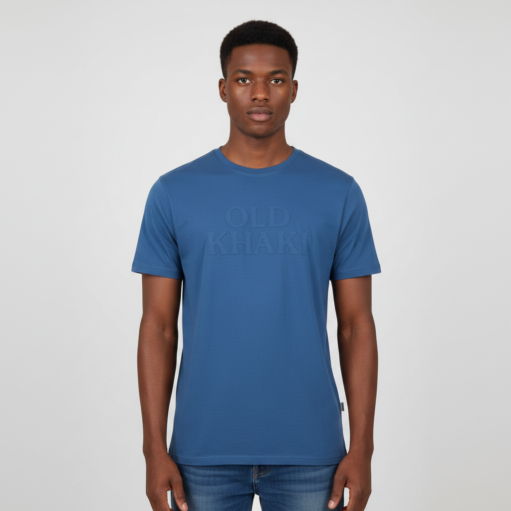 Blue Tonal Logo Tee – Front Model