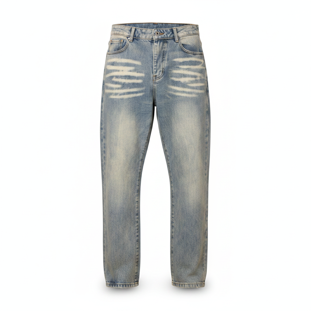 Men's light blue vintage washed baggy denim jeans ghost mannequin front view