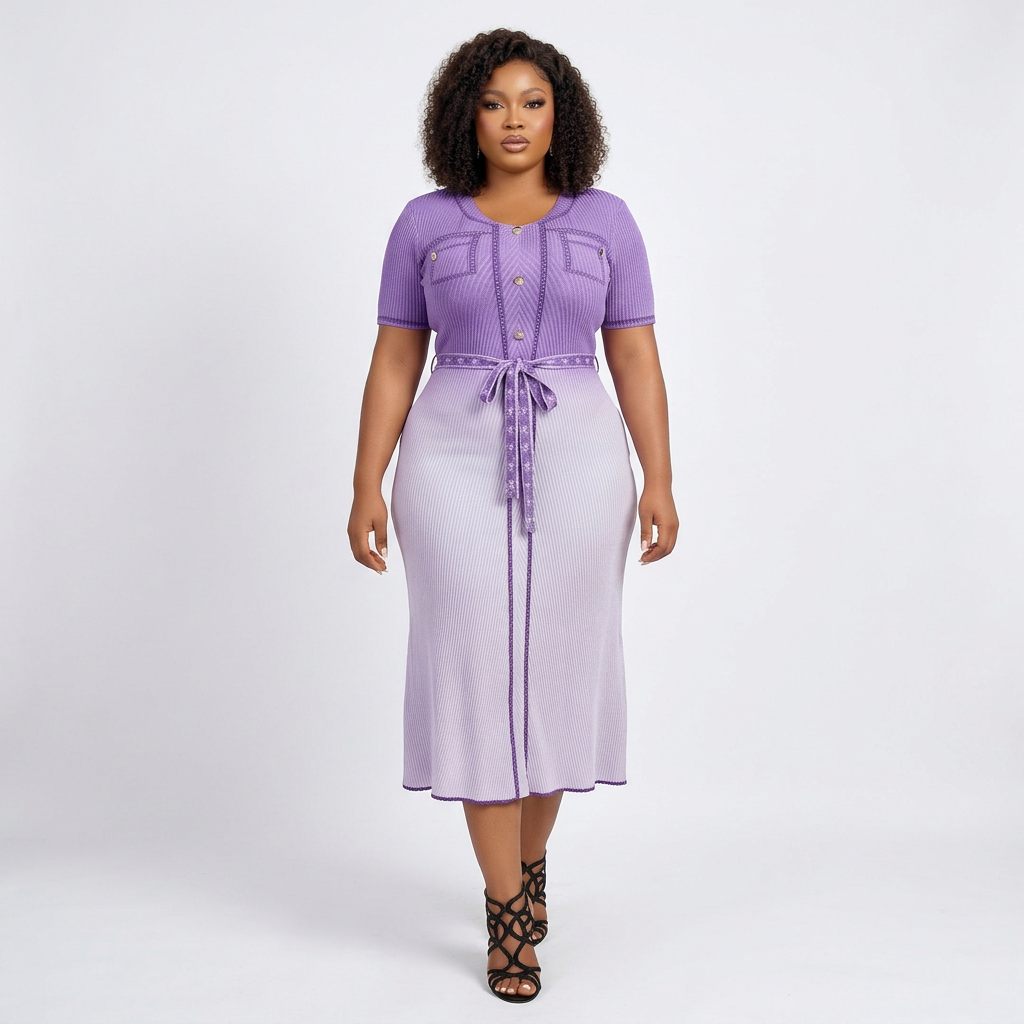 Black female model wearing a lilac ombré belted midi dress on a plain background