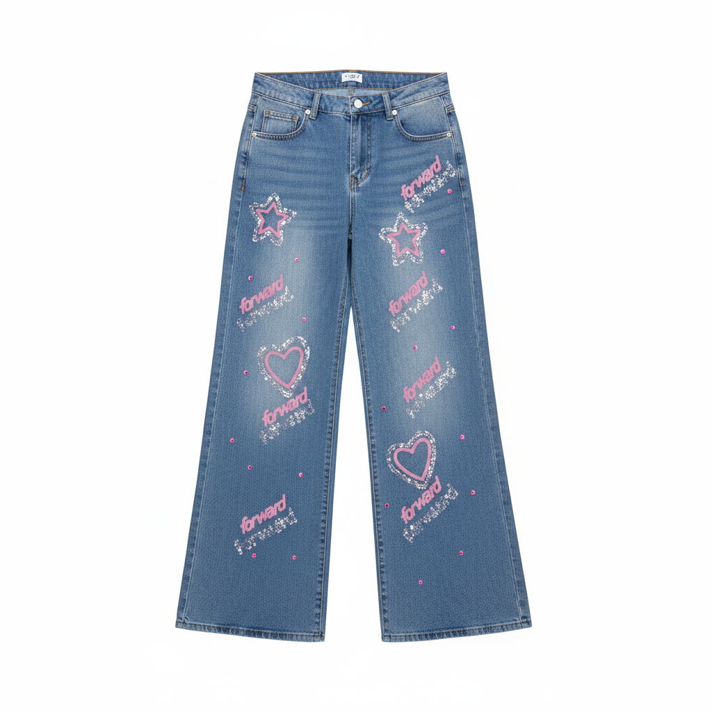 Women's Blue Rhinestone Heart Wide-Leg Denim Jeans – Ghost Mannequin