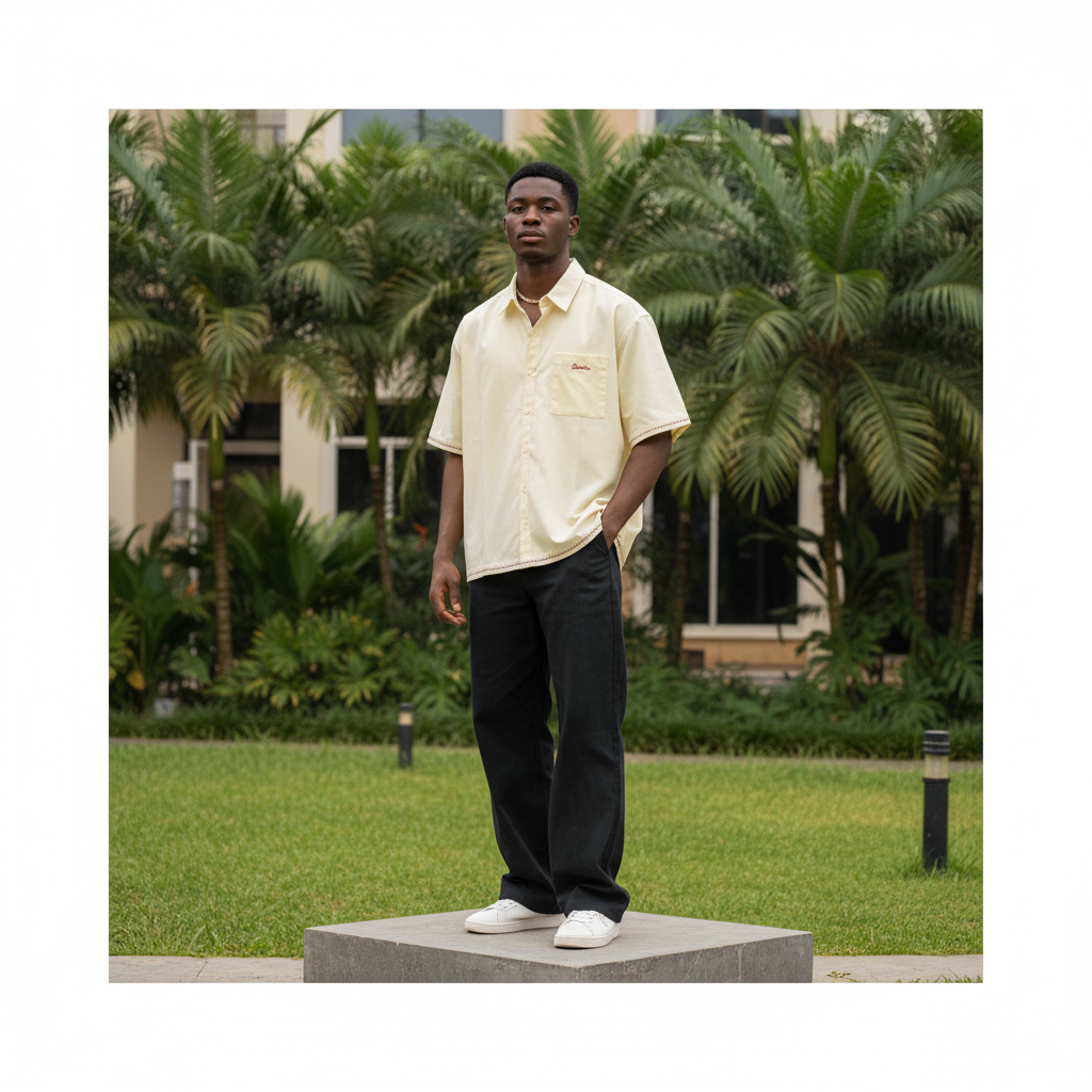 Nigerian male model full body wearing men's cream zigzag trim boxy short-sleeve shirt