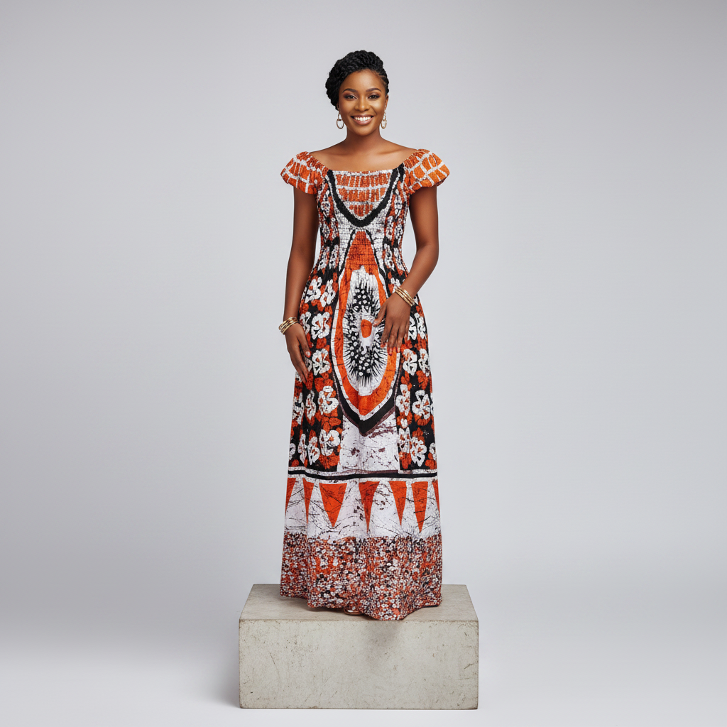 Orange Adire Print Long Bubu Gown – Model Front View