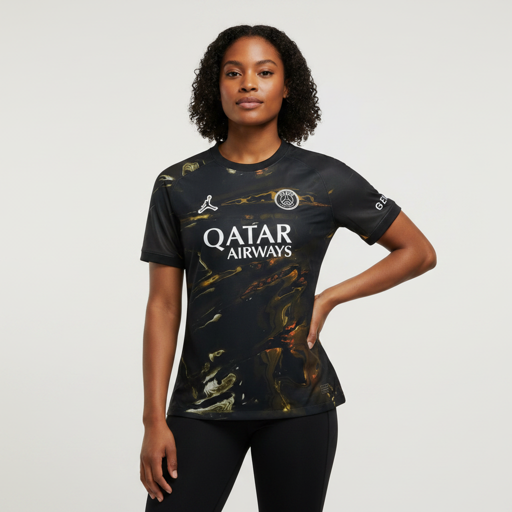 Nigerian female model wearing PSG x Jordan fourth black gold jersey