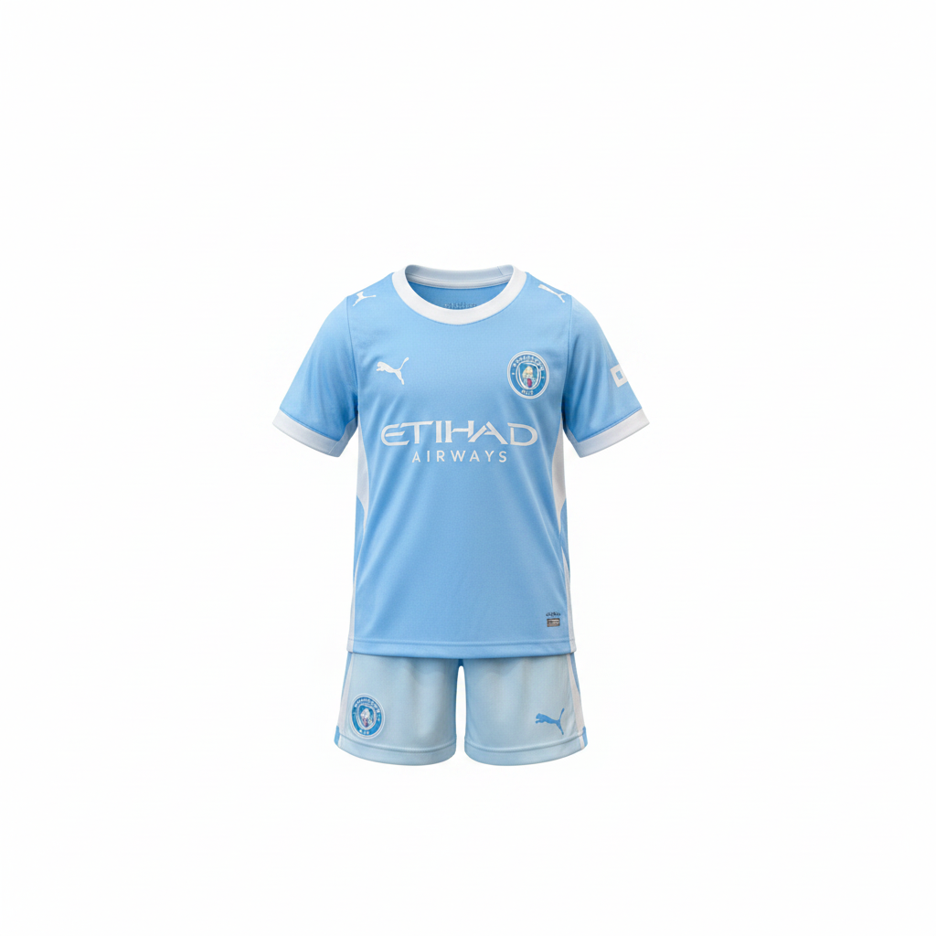 Kids' sky blue football jersey set – ghost mannequin front view on white background