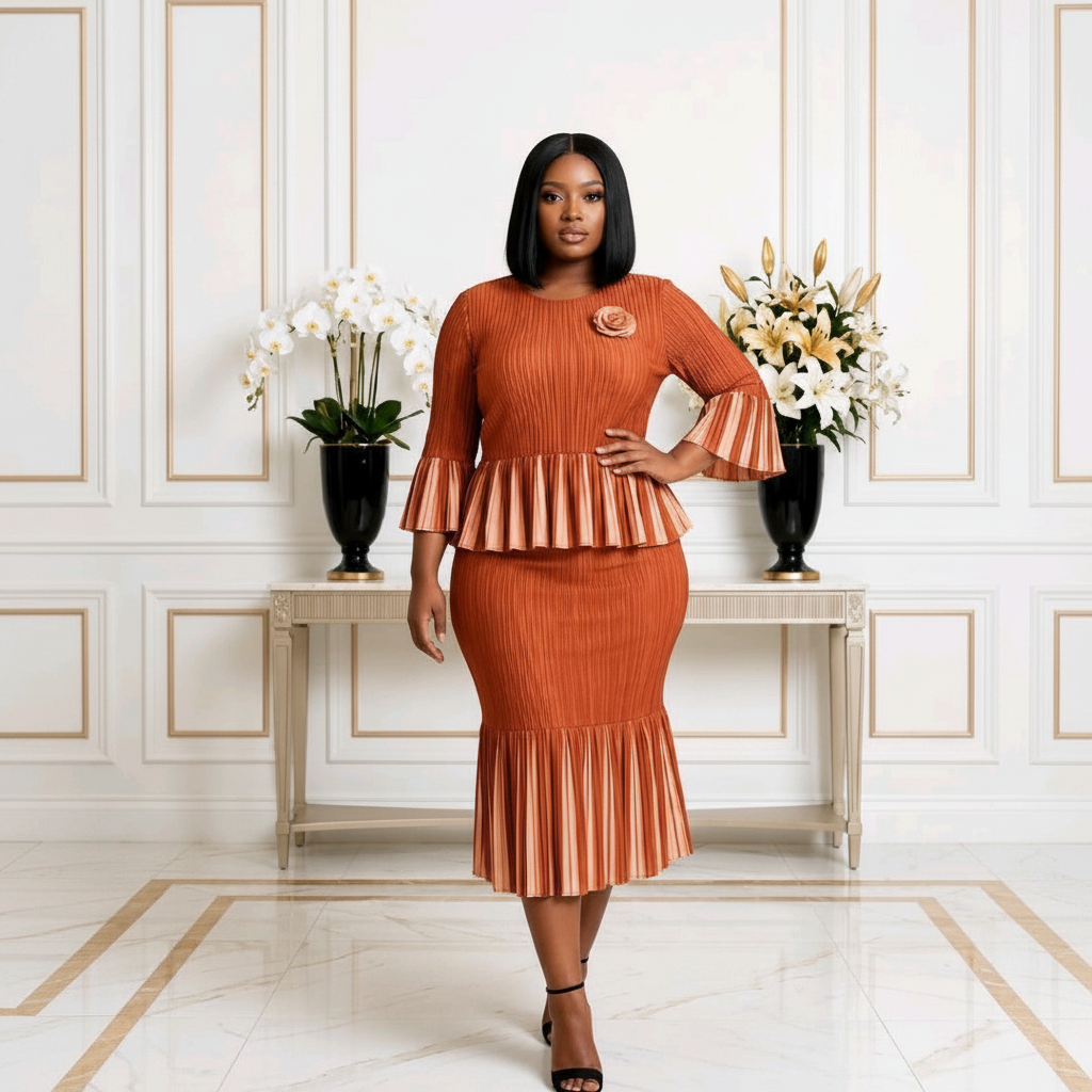 Nigerian woman wearing burnt orange and gold pleated peplum blouse and mermaid midi skirt set