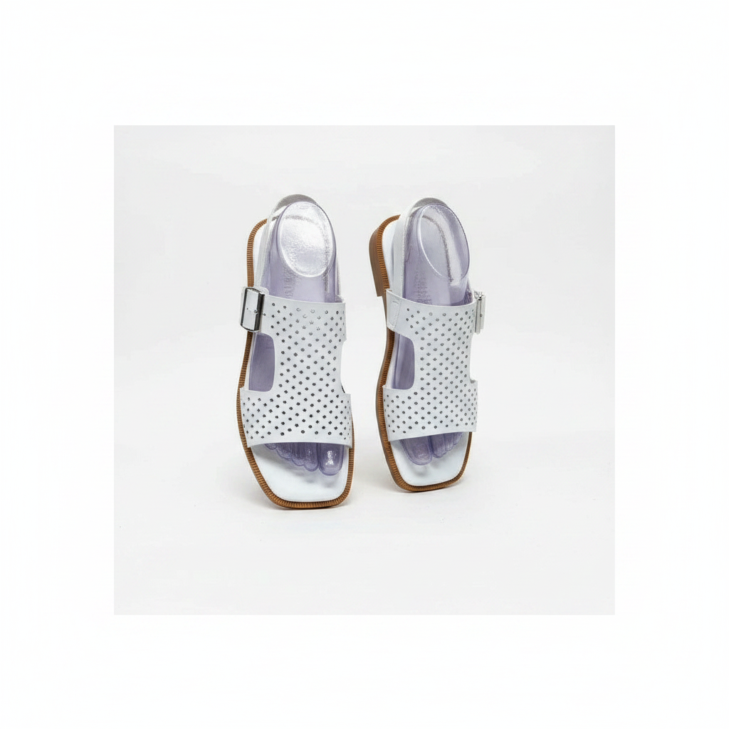 Ghost mannequin pair view of white leather perforated buckle flat slingback sandals