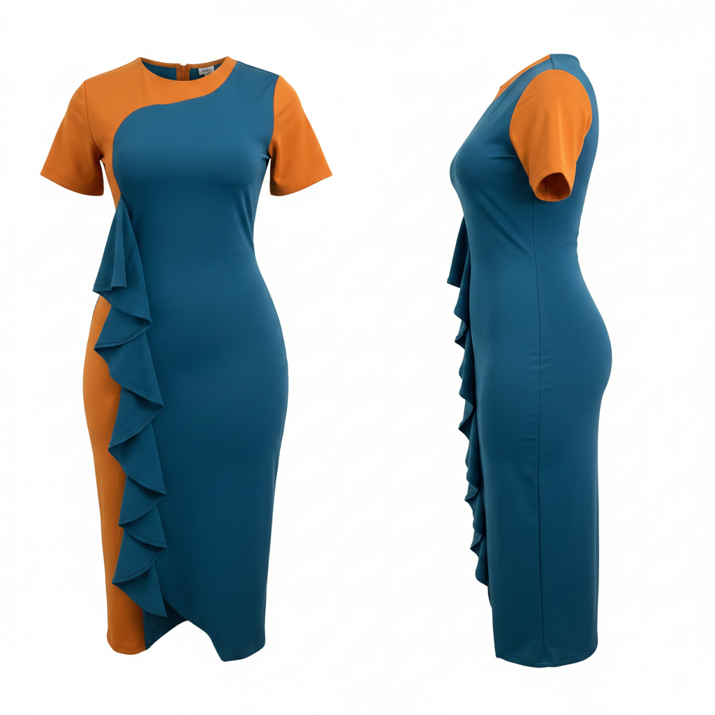 Women's Teal & Orange Colour Block Asymmetric Ruffle Midi Dress – Ghost Mannequin Front and Side View
