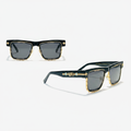 Unisex oversized square sunglasses with black frame, gold lower rim accent and dark grey lenses – front and side ghost mannequin view on white background