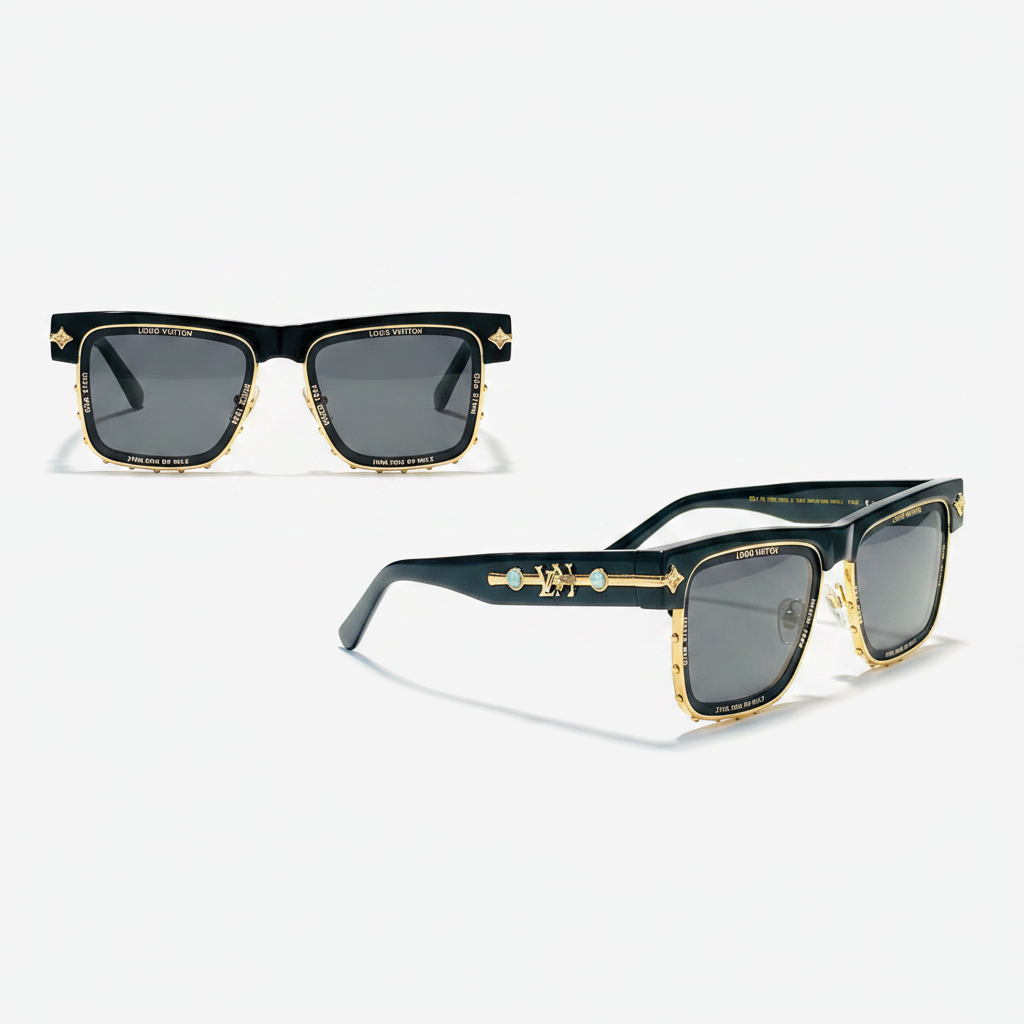 Unisex oversized square sunglasses with black frame, gold lower rim accent and dark grey lenses – front and side ghost mannequin view on white background
