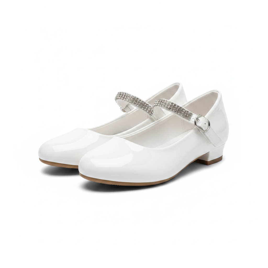 Girls white patent rhinestone strap Mary Jane flat shoe ghost mannequin pair view